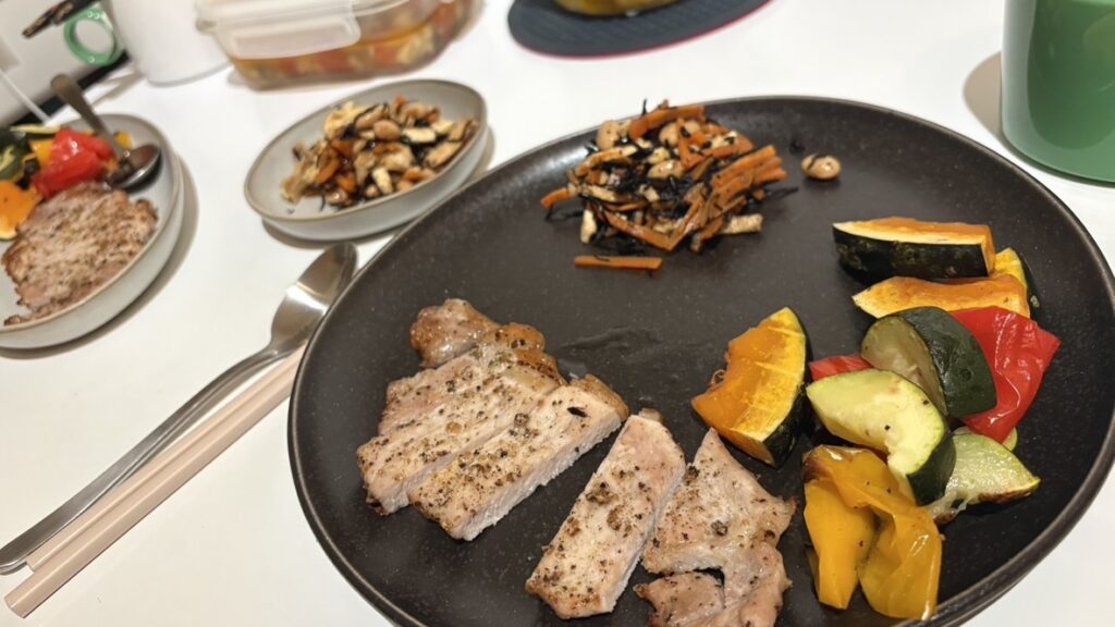 ヘルシオで焼いた豚ロースのコンフィ風とグリル野菜